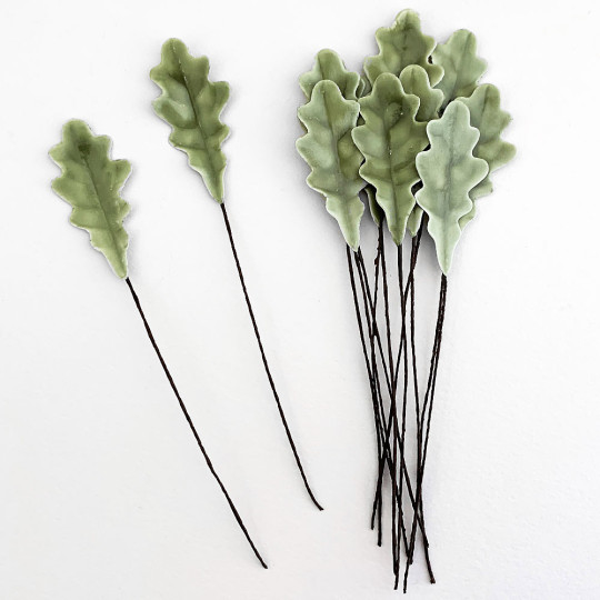 Sage Green Lacquered Paper Oak Leaves ~ Bundle of 12 Old Fashioned Craft Leaves