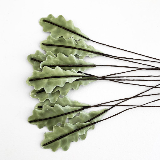 Sage Green Lacquered Paper Oak Leaves ~ Bundle of 12 Old Fashioned Craft Leaves