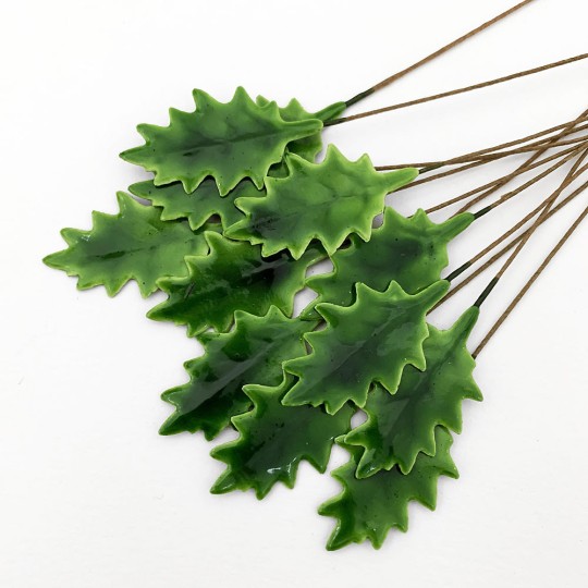 Green Lacquered Petite Holly Leaves for Christmas Crafts ~ Bundle of 12 Old Fashioned Craft Leaves