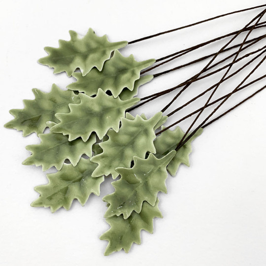 Sage Green Lacquered Petite Holly Leaves for Christmas Crafts ~ Bundle of 12 Old Fashioned Craft Leaves