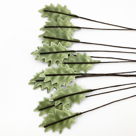 Sage Green Lacquered Petite Holly Leaves for Christmas Crafts ~ Bundle of 12 Old Fashioned Craft Leaves