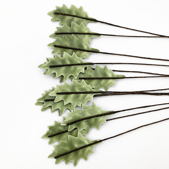 Sage Green Lacquered Petite Holly Leaves for Christmas Crafts ~ Bundle of 12 Old Fashioned Craft Leaves