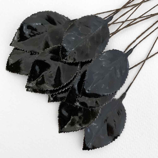 Black Lacquered Paper Rose Leaves ~ Bundle of 12 Old Fashioned Craft Leaves