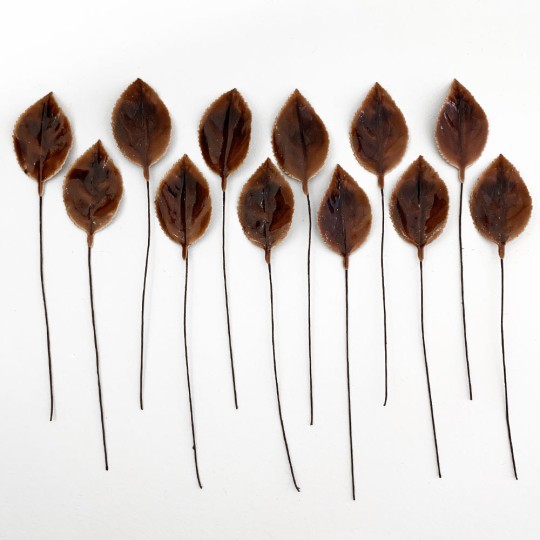 Brown Lacquered Paper Rose Leaves ~ Bundle of 12 Old Fashioned Craft Leaves