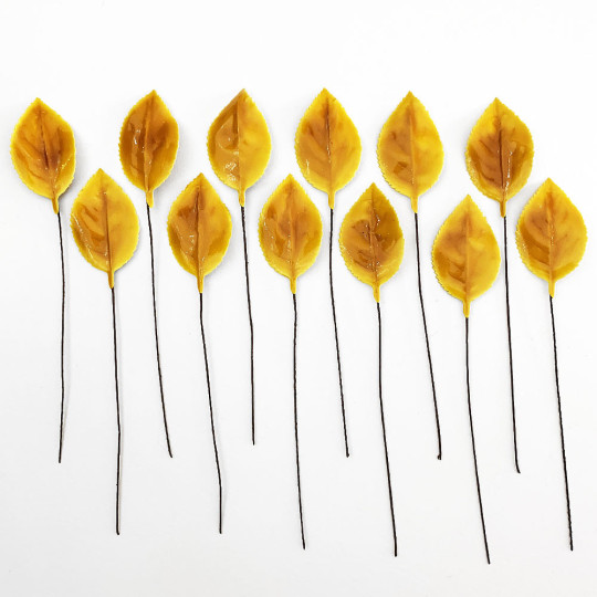 Yellow Lacquered Paper Rose Leaves ~ Bundle of 12 Old Fashioned Craft Leaves