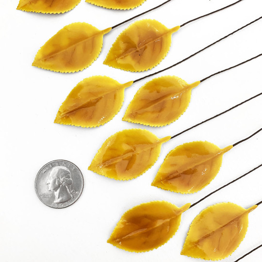 Yellow Lacquered Paper Rose Leaves ~ Bundle of 12 Old Fashioned Craft Leaves