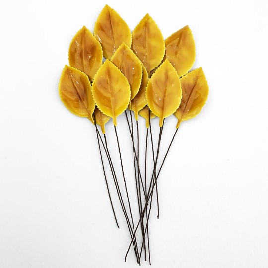 Yellow Lacquered Paper Rose Leaves ~ Bundle of 12 Old Fashioned Craft Leaves