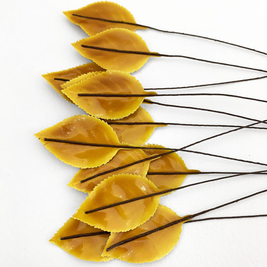 Yellow Lacquered Paper Rose Leaves ~ Bundle of 12 Old Fashioned Craft Leaves