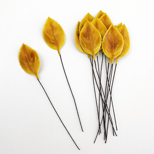 Yellow Lacquered Paper Rose Leaves ~ Bundle of 12 Old Fashioned Craft Leaves