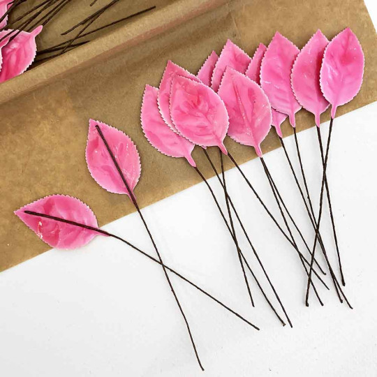 Pink Lacquered Paper Rose Leaves ~ Bundle of 12 Old Fashioned Craft Leaves