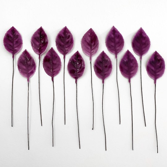 Purple Lacquered Paper Rose Leaves ~ Bundle of 12 Old Fashioned Craft Leaves