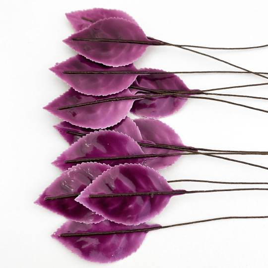 Purple Lacquered Paper Rose Leaves ~ Bundle of 12 Old Fashioned Craft Leaves