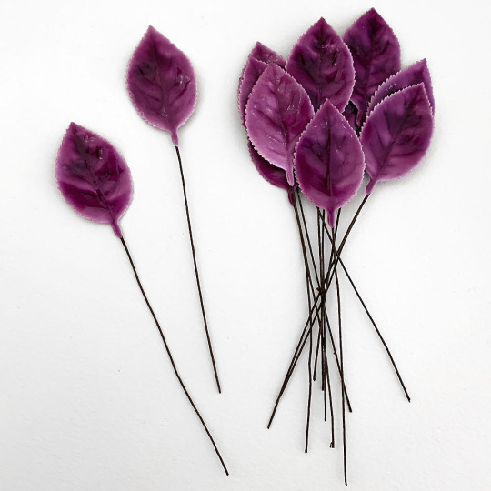 Purple Lacquered Paper Rose Leaves ~ Bundle of 12 Old Fashioned Craft Leaves