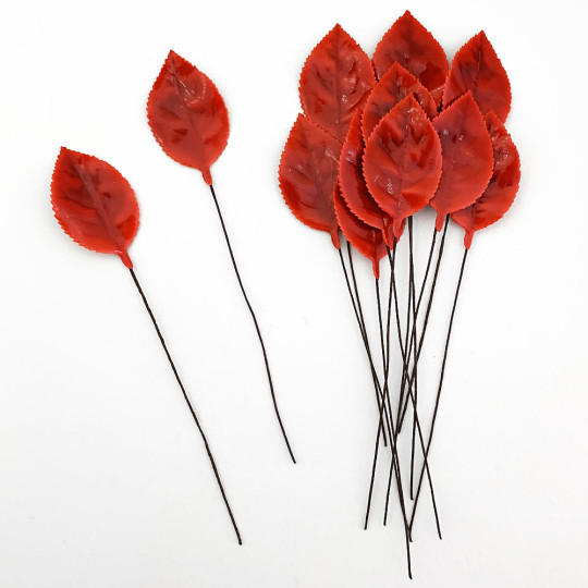Red Lacquered Paper Rose Leaves ~ Bundle of 12 Old Fashioned Craft Leaves