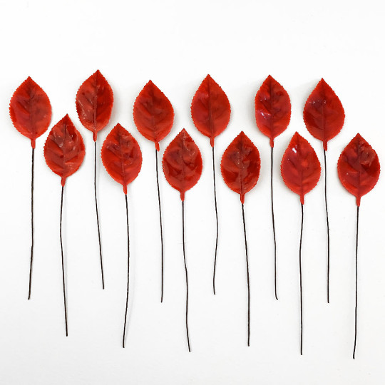 Red Lacquered Paper Rose Leaves ~ Bundle of 12 Old Fashioned Craft Leaves