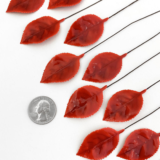 Red Lacquered Paper Rose Leaves ~ Bundle of 12 Old Fashioned Craft Leaves