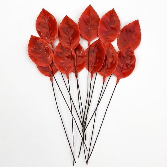 Red Lacquered Paper Rose Leaves ~ Bundle of 12 Old Fashioned Craft Leaves