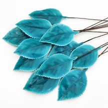 Teal Blue Lacquered Paper Rose Leaves ~ Bundle of 12 Old Fashioned Craft Leaves
