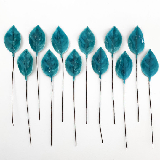 Teal Blue Lacquered Paper Rose Leaves ~ Bundle of 12 Old Fashioned Craft Leaves