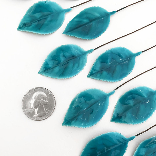 Teal Blue Lacquered Paper Rose Leaves ~ Bundle of 12 Old Fashioned Craft Leaves