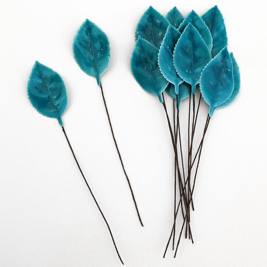 Teal Blue Lacquered Paper Rose Leaves ~ Bundle of 12 Old Fashioned Craft Leaves