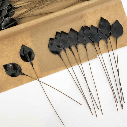 Black Lacquered Paper Petite Rose Leaves ~ Bundle of 12 Old Fashioned Craft Leaves