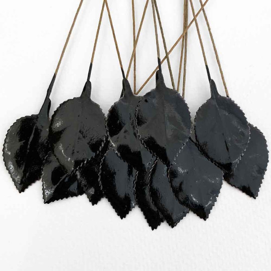 Black Lacquered Paper Petite Rose Leaves ~ Bundle of 12 Old Fashioned Craft Leaves