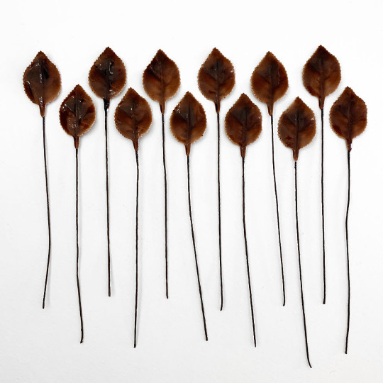 Brown Lacquered Paper Petite Rose Leaves ~ Bundle of 12 Old Fashioned Craft Leaves