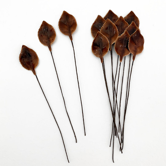 Brown Lacquered Paper Petite Rose Leaves ~ Bundle of 12 Old Fashioned Craft Leaves