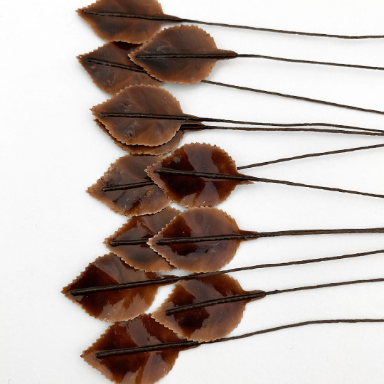 Brown Lacquered Paper Petite Rose Leaves ~ Bundle of 12 Old Fashioned Craft Leaves