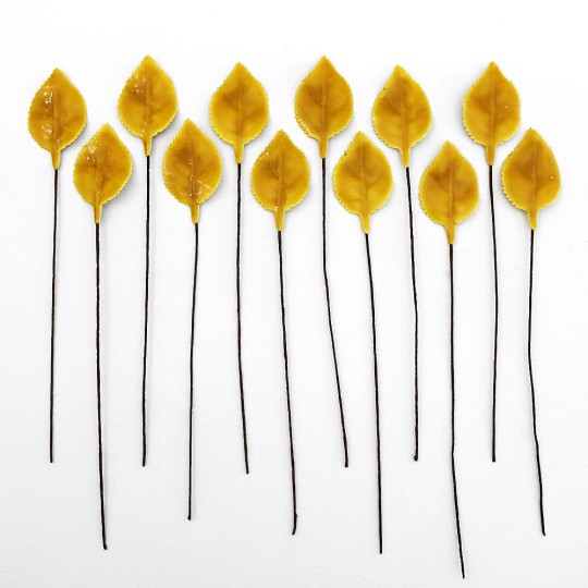 Golden Yellow Lacquered Paper Petite Rose Leaves ~ Bundle of 12 Old Fashioned Craft Leaves