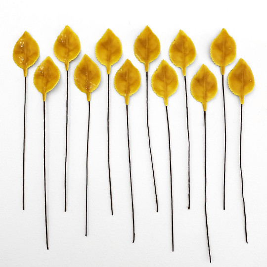 Golden Yellow Lacquered Paper Petite Rose Leaves ~ Bundle of 12 Old Fashioned Craft Leaves