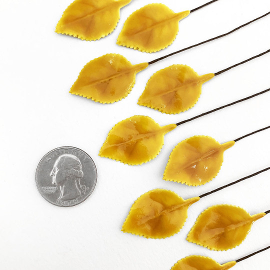 Golden Yellow Lacquered Paper Petite Rose Leaves ~ Bundle of 12 Old Fashioned Craft Leaves