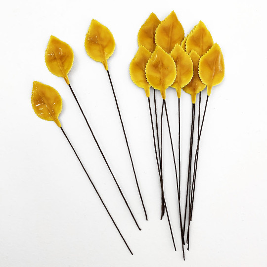 Golden Yellow Lacquered Paper Petite Rose Leaves ~ Bundle of 12 Old Fashioned Craft Leaves