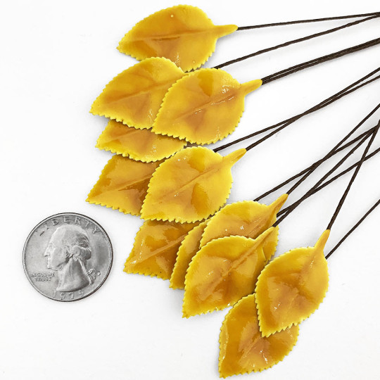 Golden Yellow Lacquered Paper Petite Rose Leaves ~ Bundle of 12 Old Fashioned Craft Leaves