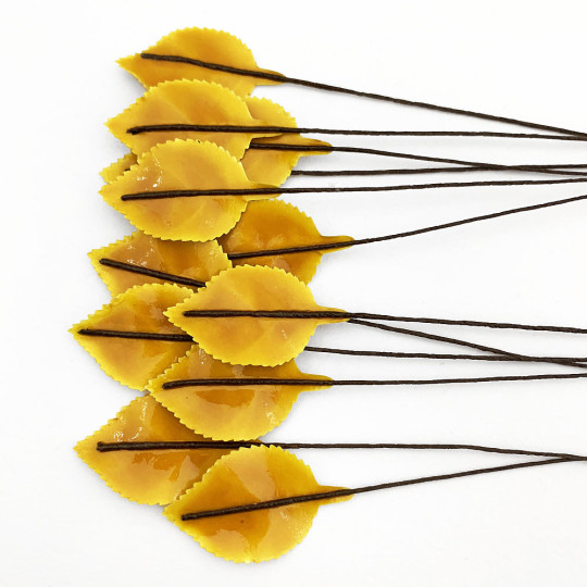 Golden Yellow Lacquered Paper Petite Rose Leaves ~ Bundle of 12 Old Fashioned Craft Leaves