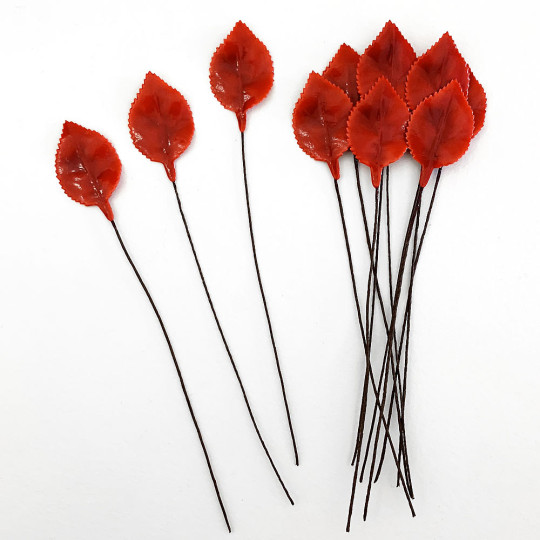 Red Lacquered Paper Petite Rose Leaves ~ Bundle of 12 Old Fashioned Craft Leaves