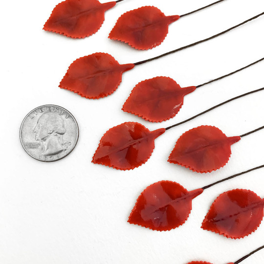 Red Lacquered Paper Petite Rose Leaves ~ Bundle of 12 Old Fashioned Craft Leaves