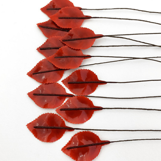 Red Lacquered Paper Petite Rose Leaves ~ Bundle of 12 Old Fashioned Craft Leaves