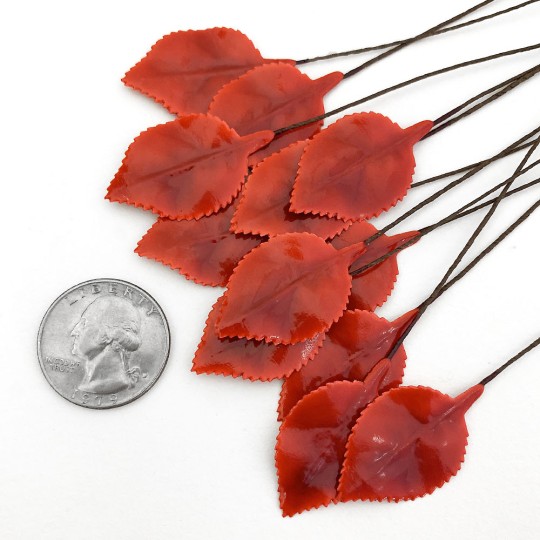 Red Lacquered Paper Petite Rose Leaves ~ Bundle of 12 Old Fashioned Craft Leaves