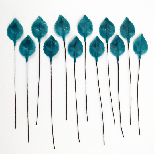 Teal Blue Lacquered Paper Petite Rose Leaves ~ Bundle of 12 Old Fashioned Craft Leaves