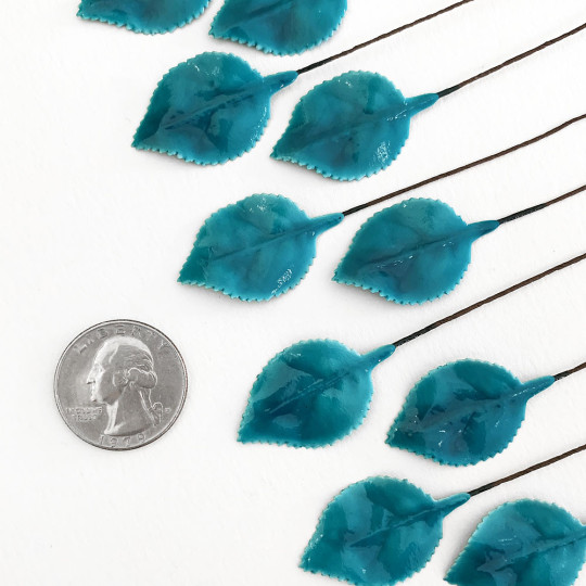 Teal Blue Lacquered Paper Petite Rose Leaves ~ Bundle of 12 Old Fashioned Craft Leaves