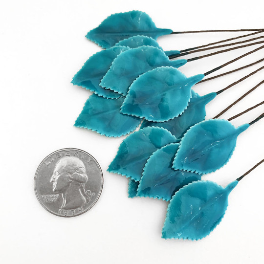 Teal Blue Lacquered Paper Petite Rose Leaves ~ Bundle of 12 Old Fashioned Craft Leaves