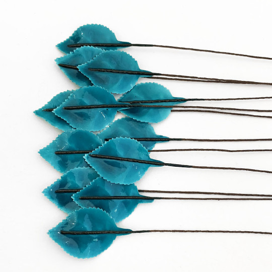 Teal Blue Lacquered Paper Petite Rose Leaves ~ Bundle of 12 Old Fashioned Craft Leaves