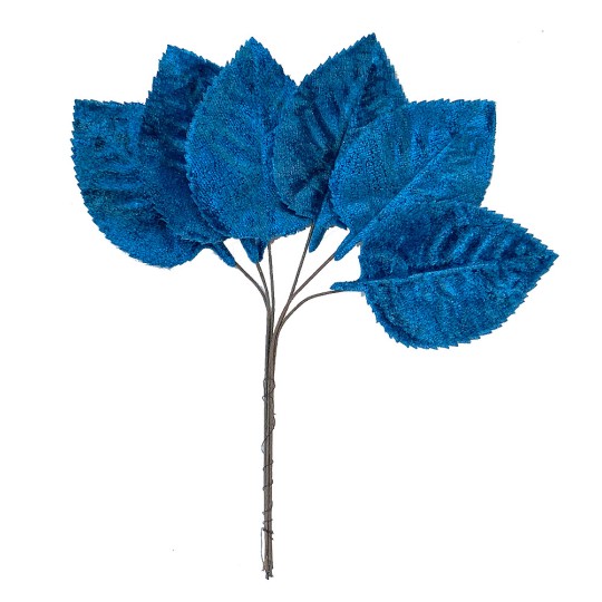 Set of 6 Embossed Peacock Blue Velvet Rose Leaves ~ Czech Repub.