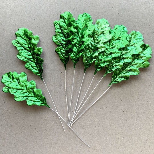 Set of 8 Green Foil Paper Oak Leaves ~ Czech Repub.