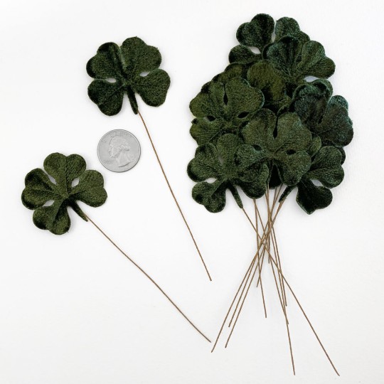 Set of 12 Dark Green Velvet Shamrocks ~ Clover Leaves 