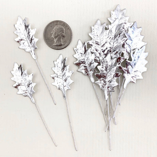 Set of 12 Petite Foil Holly Leaves ~ SILVER