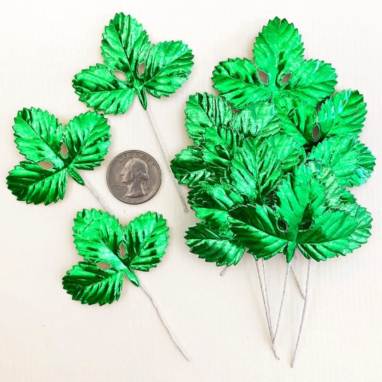 Set of 12 Foil Paper Strawberry Leaves ~ GREEN
