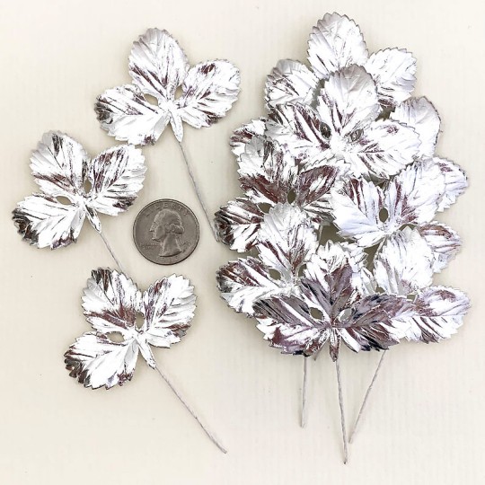 Set of 12 Foil Paper Strawberry Leaves ~ SILVER